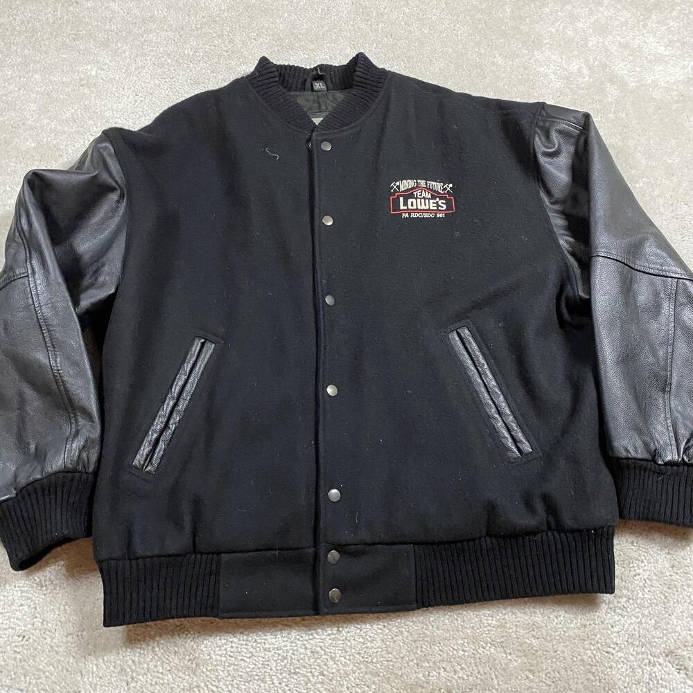 VTG Lowe's Jacket Mens‎ XL Black Wool Leather Varsity Bomber Racing Team Nascar